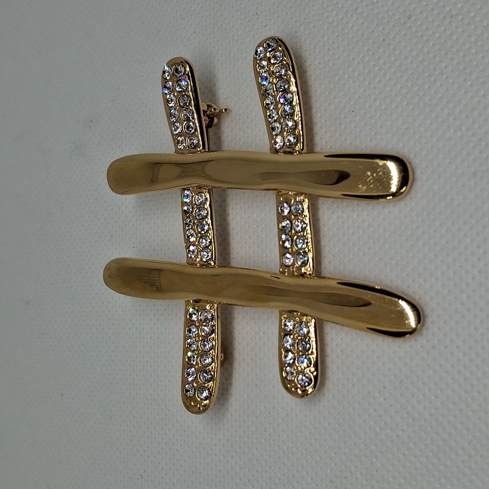 Vintage 1980s PARK LANE Gold Tone And Crystal Hashtag Brooch Pin